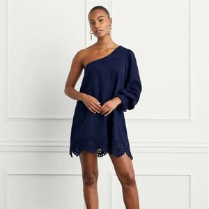 Hill House Linen Eyelet Mila One Shoulder Long Sleeve Cotton Dress NWT Navy Sz S